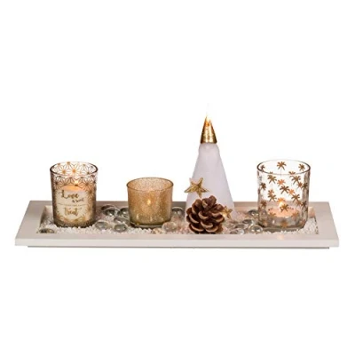 Image of Out of the Blue 950094 Christmas Decoration Set, White Wooden Tray with Tea Light Holders, Light, Candles and Decoration, Approx. 36 x 14 cm