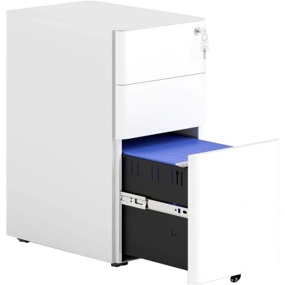 Image of Vinsetto 3 Drawer Mobile Filing Cabinet, Steel Lockable File Cabinet for A4, Legal, Letter, Compact Under Desk Storage Unit with Pre Assembled Body Except Wheels Home Office, 30 x 45 59cm, White