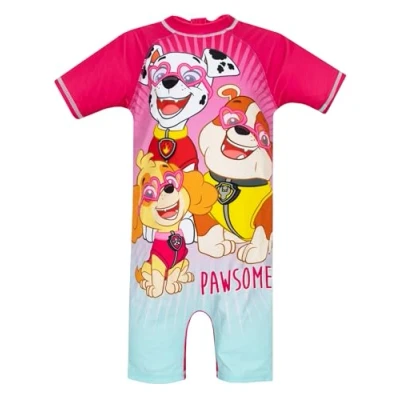 Image of Paw Patrol Swimming Costume Marshall, Rubble, Skye Girls All in One Swimsuit Short Sleeve Swimwear Pink 6 7 Years
