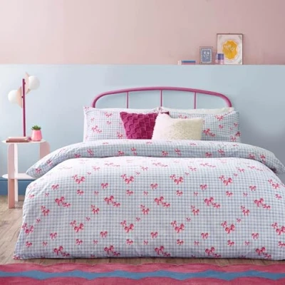 Image of Heya Home Gingham Bows Printed Duvet Set Blue Super King
