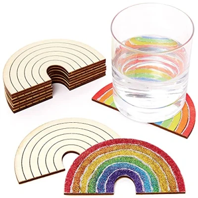 Image of Baker Ross FC764 Rainbow Wooden Coasters Pack of 10, Painting Tiles for Kids, Kids Arts and Craft Kits