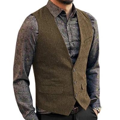 Image of AeoTeokey Men&#039;s Tweed Vintage Suit Vest Casual Herringbone Wool Wedding Groomsmen Waistcoat(S,Brown)
