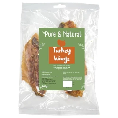 Image of Pure &amp; Natural Dried Turkey Wings for Dogs Delicious Dog Treats, Grain Free, High Protein and Low Fat Hypoallergenic Chews 200g Bag