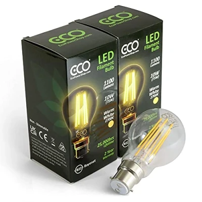 Image of ECO 75W Energy Saving Light Bulb, Low 10W LED Filaments, Bright 1100 Lumen, Clear Glass, Warm White (2700K), B22 Standard UK 2 pin Bayonet, 25000Hrs Lifetime. (2xPACK)