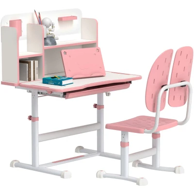 Image of AIYAPLAY Kids Desk and Chair Set, Height Adjustable Children School Study Desk, Student Writing with Tiltable Desktop Drawer, Pen Slot, Reading Rack for Ages 3 13 Years, Pink