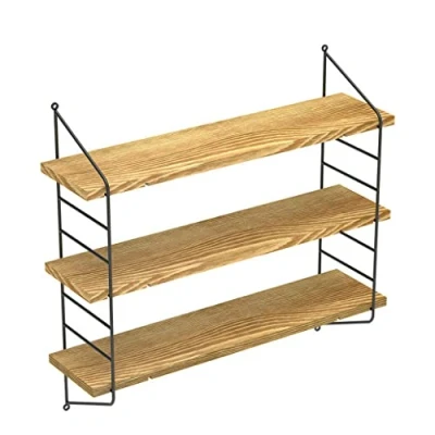 Image of KF PREMIUM 3 Tier Wall Mounted Industrial Metal Shelf Modern Wood Floating Display Rack Hanging Storage Shelves Home Living Room Office Decoration 23 Inch Torched Adjustable