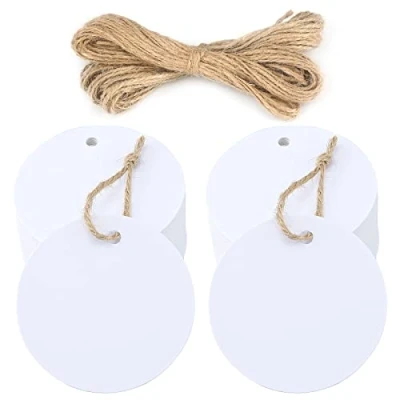 Image of jijAcraft Kraft Paper Gift Tags,100PCS White Round Tags for Crafts, 5.5cm Wedding Favour Labels with String
