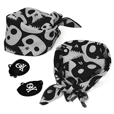Image of Pirate Bandana and Eyepatch 4 pcs Set Skull Head Scarf Caribbean Kerchief Captain Nickituch Bandanna Black, White