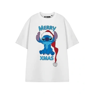 Image of Disney Lilo &amp; Stitch Women&#039;s White Short Sleeved T Shirt Merry Xmas Graphic Tee Crew Neck Cartoon Apparel Christmas Theme Top for Women Collaboration