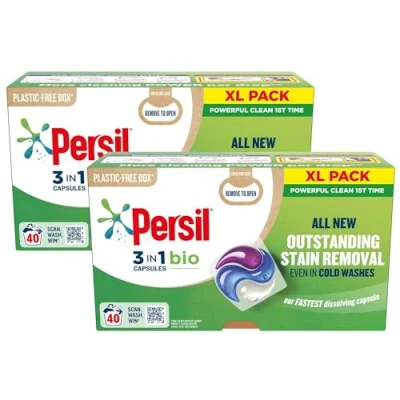 Image of Persil XL 3 In 1 Washing Capsules All New Outstanding Stain Removal Even Cold Washes With Triple Action Cleaning One Power Capsules, 40 (Bio, Buy 2)