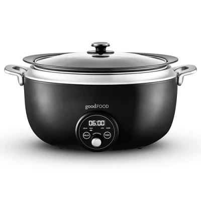 Image of GF16011 Good Food in partnership with Tower 6.5L Digital Slow Cooker 3 Heat Settings, Delay Function &amp; Timer, Removable Aluminium Pot Cool Touch Handles, Black Stainless Steel Accents