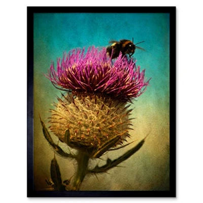 Image of Wee Blue Coo Bumble Bee and Thistle Art Print Framed Poster Wall Decor 12x16 inch