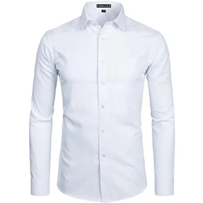 Image of PARKLEES Men&#039;s Long Sleeve Dress Shirt Solid Slim Fit Casual Business Formal Button Up Shirts with Pocket White M