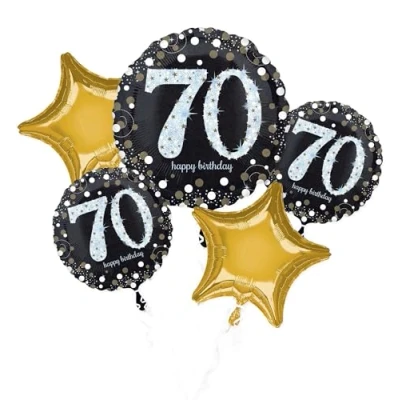 Image of Amscan 10130096 70th Birthday Glittery Gold 5 Foil Balloon Bouquets, Multicoloured