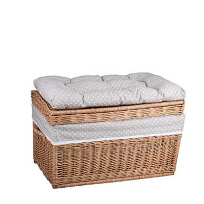 Image of e wicker24 Natural Wicker Storage Box with Soft Cushion Seat Hand made Woven Basket Two Handles Vintage Toy Multi functional Chest Lid