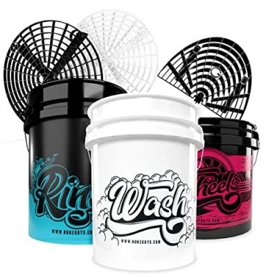 Image of Nuke Guys Wash Bucket Set 3 Buckets Washing Method 5 GAL for Car Shampoo + Rinse Rinsing 3.5 Wheel Rims 2 x Grit Guard Insert Washboard