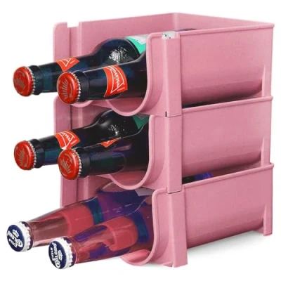 Image of ASAB 3x Stackable Water Bottle Organiser Beer Holder For Cupboard Freezer Pantry Soda Can Ideal Kitchen Countertop Shelf Bar Beverage Storage Rack (Pink)