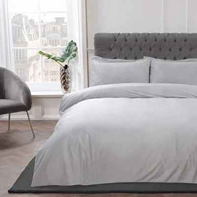 Image of Sleepdown Matt Velvet Silver Luxury Super Soft Easy Care Plain Duvet Cover Quilt Bedding Set with Pillowcases King (220cm x 260cm)