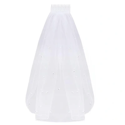 Image of Lollanda Wedding Bridal Pearl Veil, Tulle Veil with Comb, Short Veils for Brides Shower Bachelorette Hen Night Party Girls First Holy Communion