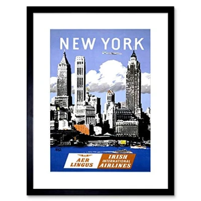 Image of Wee Blue Coo Travel Aer Lingus New York Manhattan Ireland Airline Ad Framed Wall Art Print