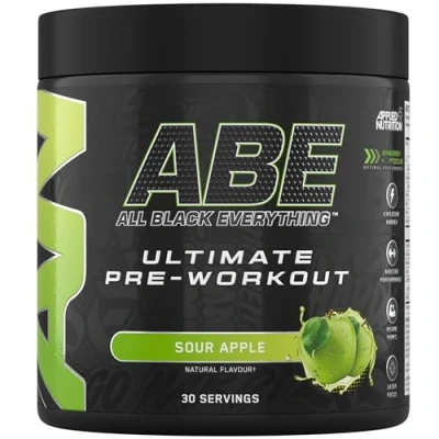 Image of Applied Nutrition ABE Pre Workout All Black Everything Powder, Energy &amp; Physical Performance with Citrulline, Creatine, Beta Alanine (375g 30 Servings) (Sour Apple)