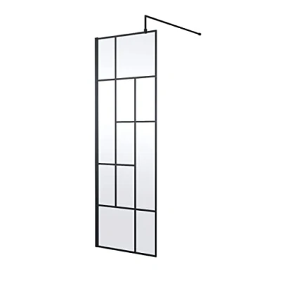 Image of Hudson Reed WRSFB070 Abstract Modern Bathroom &#039;Shower Shield&#039; Coated Framed Wall Fixed 8mm Toughened Safety Glass Wetroom Screen with Support Arm, 700mm, Matt Black