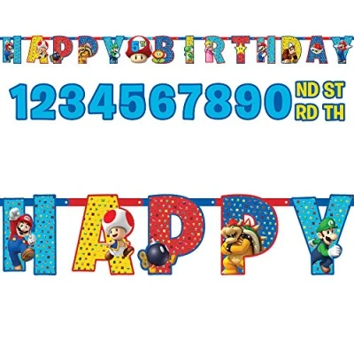 Image of Amscan 121554 Super Mario Happy Birthday Add an Age Letter Banner includes Number &amp; Stickers to Personalise 3.2m