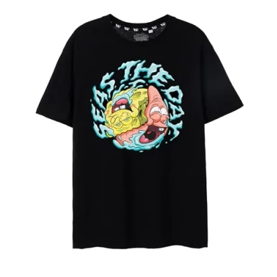 Image of Spongebob SQUAREPANTS Mens T Shirt in Black Seas The Day &amp; Patrick Short Sleeve Graphic Tee for Adults Lightweight Retro Cartoon Series Movie Fashion Top Sponge Bob Merchandise Gift