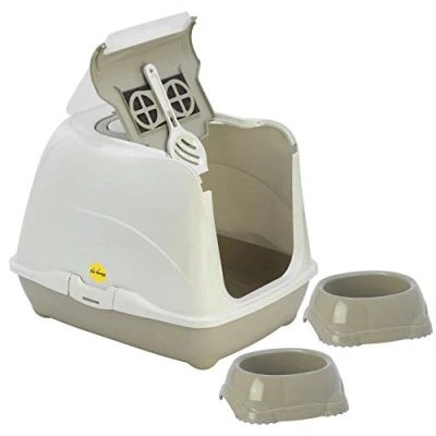 Image of Cat CENTRE Grey Flip Litter Tray + 2 Bowls 0.3L Scoop Box Hooded Toilet Filter Bowl