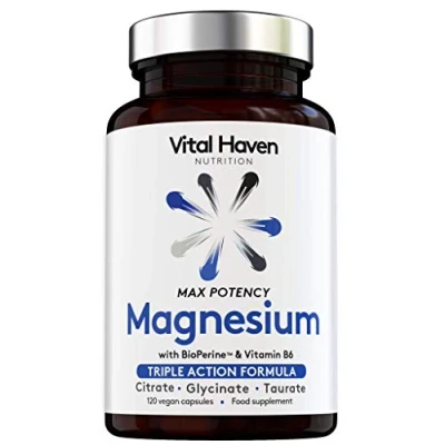 Image of Complex Triple Action Formula Magnesium Citrate + Glycinate Taurate and Vitamin B6 with Bioperine for Maximum Absorption Max Potency Premium Ingredients Vegan Made in The UK by Vital Haven