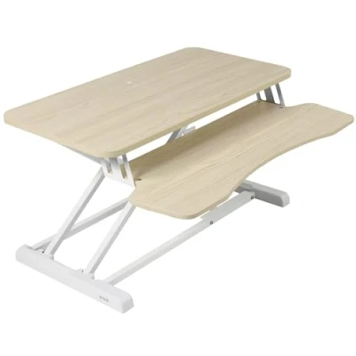 Image of VIVO 80 cm DESK Converter, K Series, Height Adjustable Sit to Stand Riser, Dual Monitor and Laptop Workstation with Wide Keyboard Tray, Light Wood Top, White Frame, V000KF