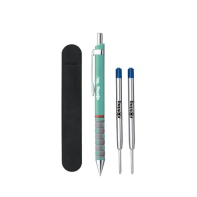 Image of rOtring Tikky Pastel Ballpoint Pen Set Blue Ink Medium Point Lightweight with Rubberised Grip 2 Refills + Velvet Case 4 Count