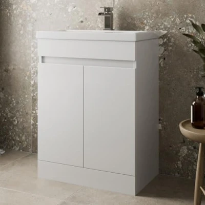 Image of 600mm Bathroom Vanity Unit with Wash Basin Ceramic Sink, 2 Double Door, Cloakroom Storage Furniture Under Cabinet, Floorstanding Cabinets, White Gloss