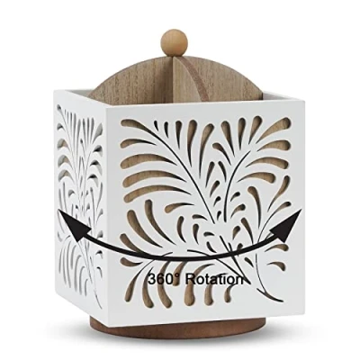 Image of Optyuwah Rotating Kitchen Utensil Holder for Countertop, Wooden Caddy, Organiser White Cutlery Crock, Silverware Spoons, Knives, Forks, 5.5&quot; x 6.3&quot;