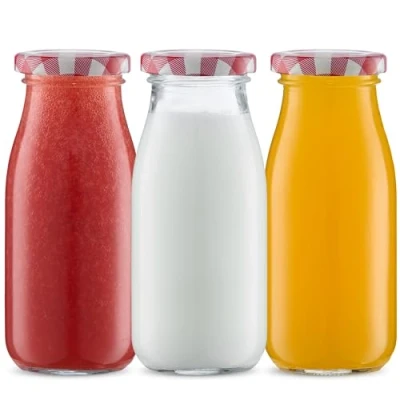 Image of Danmu Art 250ml Glass Milk Bottles with Lids Red Gingham Juice Jam Storage Dispenser Set of 6 (Red Gingham)