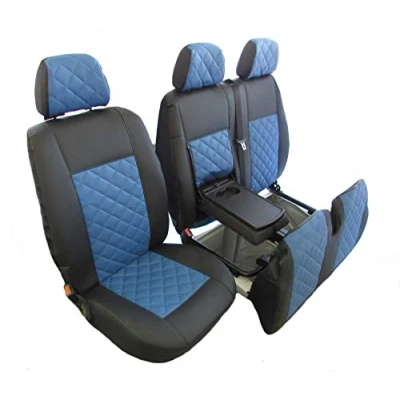 Image of Texmar Designed to fit MERCEDES SPRINTER 2006 2018, VW CRAFTER 2018 RHD BLACK BLUE ECO LEATHER Seat Covers 2+1 (1 single 1 double)