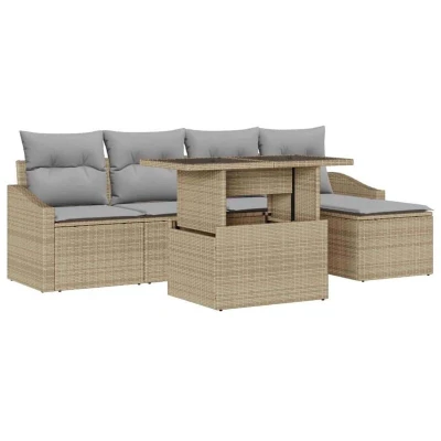 Image of vidaXL 6 Piece Garden Sofa Set with Cushions Beige Poly Rattan