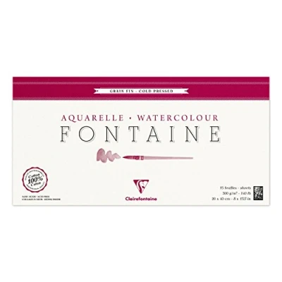 Image of Clairefontaine Ref 96437C Fontaine Cold Pressed Watercolour Glued Pad (15 Sheets) 20 x 40cm Size, 300gsm Paper Suitable for Artwork