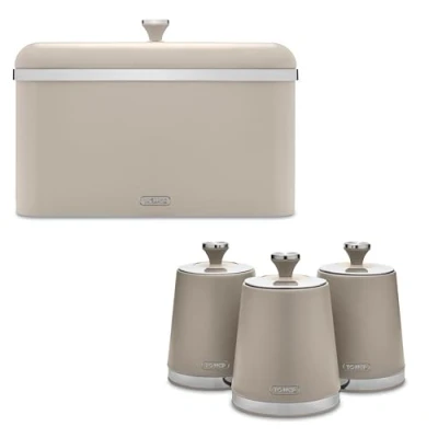 Image of tower Cavaletto Modern &amp; Contemporary Bread Bin and Set of 3 Tea, Coffee Sugar Canisters. Kitchen Storage in Stylish Latte with Chrome Accents