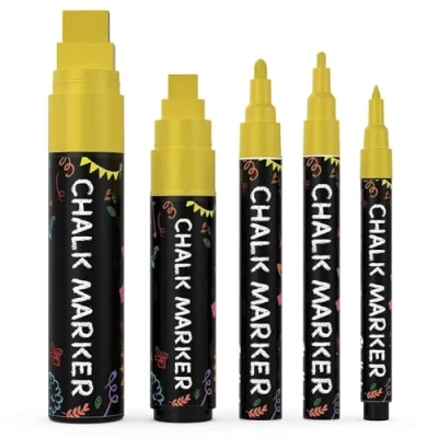Image of 5 Gold Chalkboard Chalk Pens Dry Erase Markers for Blackboard, Signs, Windows, Glass Variety Pack Fine &amp; Jumbo Size Ink Pen (1mm, 3mm, 6mm, 10mm, 15mm)