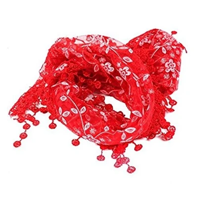 Image of L&amp;C® Women Lace Tassel Sheer Metallic Burnt Out Floral Print Triangle Scarf Shawl (Red)