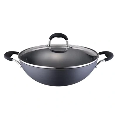Image of Ocean Case Hard Anodized Wok/Kadai with Glass Lid Non Stick Ceramic Coated Saute pan Double Handles Wok 28cm/26cm (28CM)