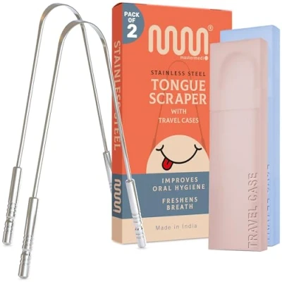 Image of MasterMedi Tongue Scraper with Travel Case (2 Pack), Bad Breath Treatment for Adults, Medical Grade 100% Stainless Steel Oral Care, Easy to Use Cleaner Hygiene