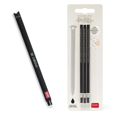 Image of Legami Erasable Gel Pen, Ball on the End to Remove Ink without Consuming Paper Black Thermal Sensitive Ink, Tip Diameter 0.7 mm Cats Theme