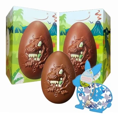 Image of Chocolate Easter Eggs for Gifts Pack of 2 x 151g Dinosaur Milk Egg with Topline Wooden Decoration. Great Gift Kids Hunt or Hamper