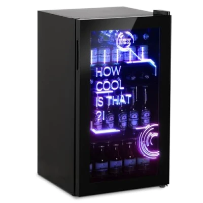 Image of HCK 98L Cyberpunk Mini Beer Fridge with Glass Door, Beverage Refrigerators 0 10C, Led Light, Drinks for Home Bar, Small Pub Removable Shelves, Bedrooms, Parties