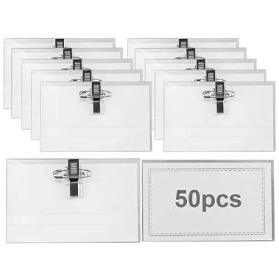 Image of 50 Pcs Name Badges for Work with Crocodile Clip and Secure Pin, 9x5.6cm Professional Tag Clothes Labels Badge Holder Conference Staff Horizontal ID Holders Office School