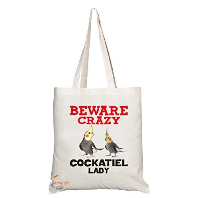 Image of Coralgraph Inc TB396 Beware Crazy Cockatiel Lady Novelty Present Gift Printed Eco Friendly Stylish Long Handled Tote Shoulder Bag