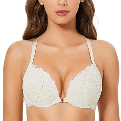 Image of DOBREVA Women&#039;s Push Up Front Fastening Bras Racer Back Lace Padded Plunge Underwired Bra Ivory 36AA
