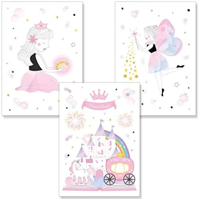 Image of PREMYO Wall Art Prints Nursery Decor Baby Room Decoration Girl Kids Poster Set Princess Castle Fairy Tale Picture A4